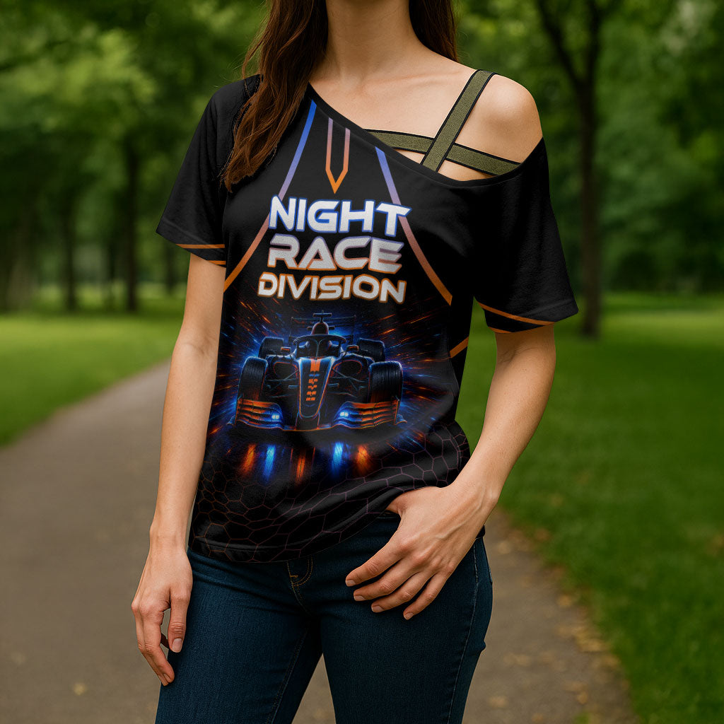 Personalized Night Race Division Motorsport Cross Shoulder Shirt Futuristic Neon Open Wheel Auto Racing