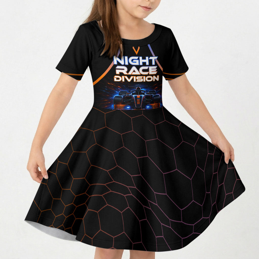 Personalized Night Race Division Motorsport Kid Short Sleeve Dress Futuristic Neon Open Wheel Auto Racing