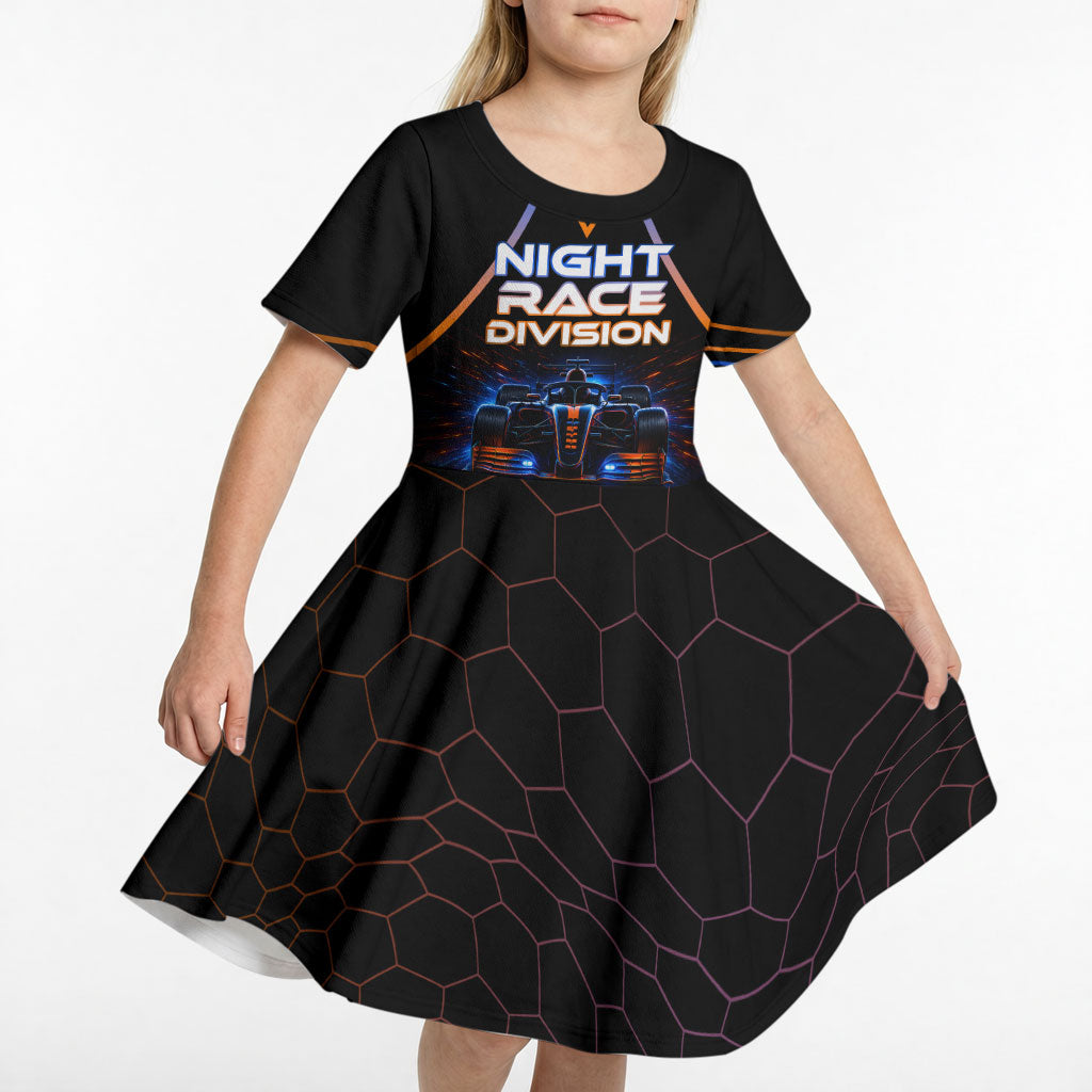 Personalized Night Race Division Motorsport Kid Short Sleeve Dress Futuristic Neon Open Wheel Auto Racing