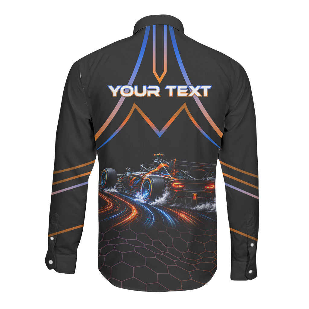 Personalized Night Race Division Motorsport Long Sleeve Button Shirt Futuristic Neon Open Wheel Auto Racing
