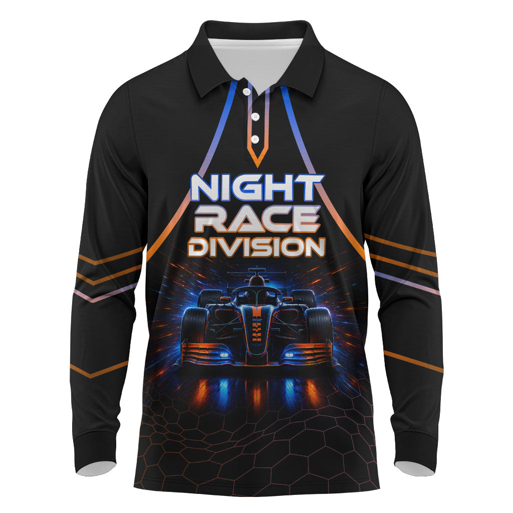 Personalized Night Race Division Motorsport Long Sleeve Polo Shirt Futuristic Neon Open Wheel Auto Racing