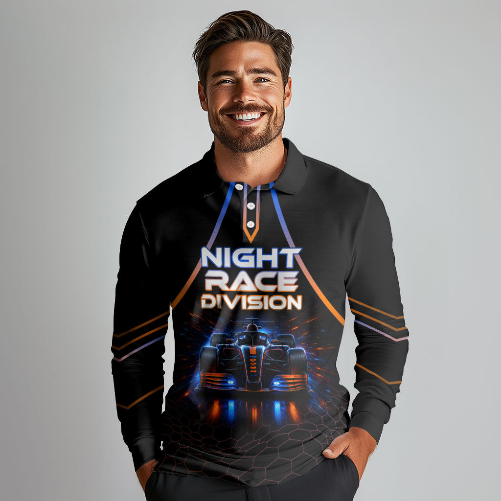 Personalized Night Race Division Motorsport Long Sleeve Polo Shirt Futuristic Neon Open Wheel Auto Racing