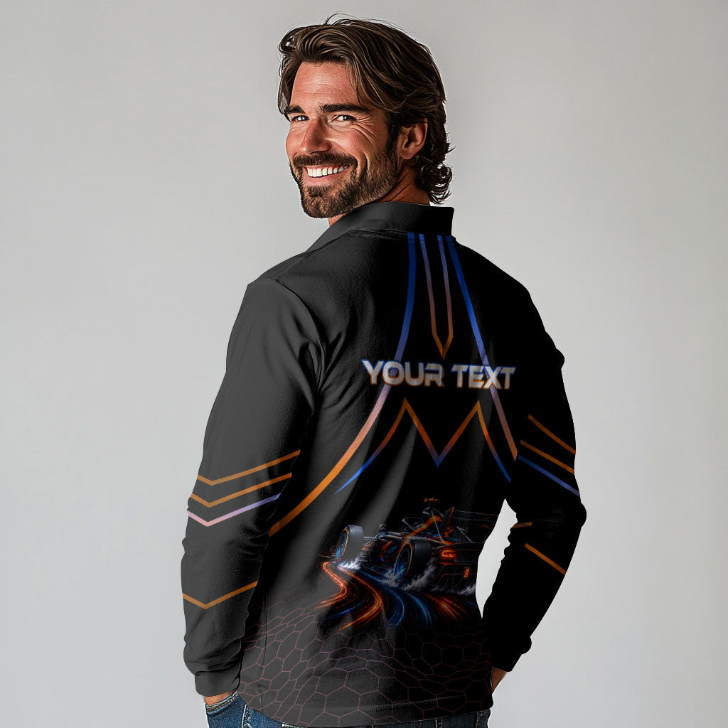 Personalized Night Race Division Motorsport Long Sleeve Polo Shirt Futuristic Neon Open Wheel Auto Racing