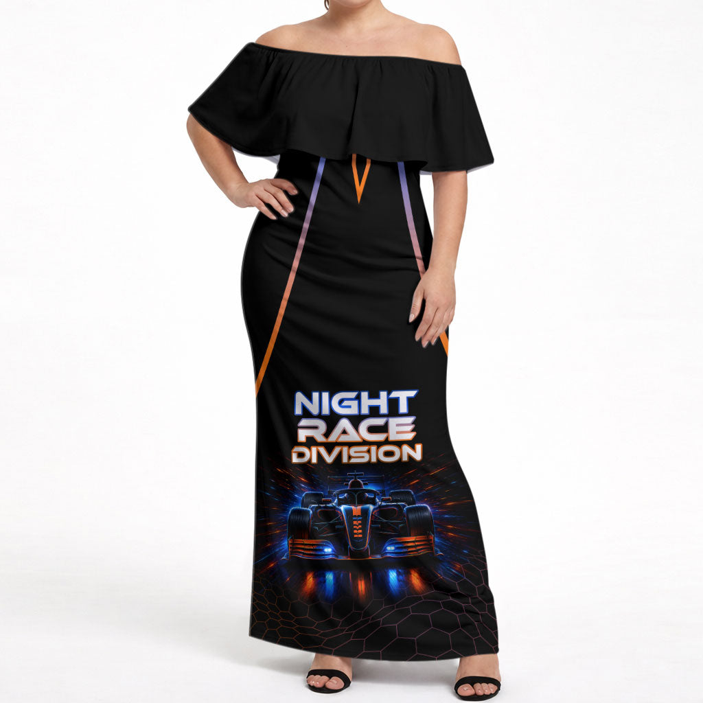 Personalized Night Race Division Motorsport Off Shoulder Maxi Dress Futuristic Neon Open Wheel Auto Racing