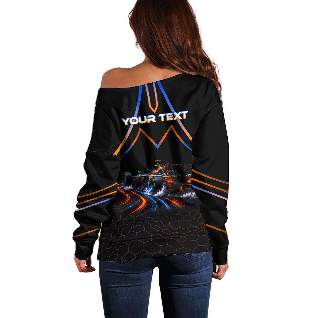 Personalized Night Race Division Motorsport Off Shoulder Sweater Futuristic Neon Open Wheel Auto Racing