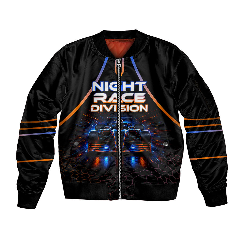 Personalized Night Race Division Motorsport Sleeve Zip Bomber Jacket Futuristic Neon Open Wheel Auto Racing
