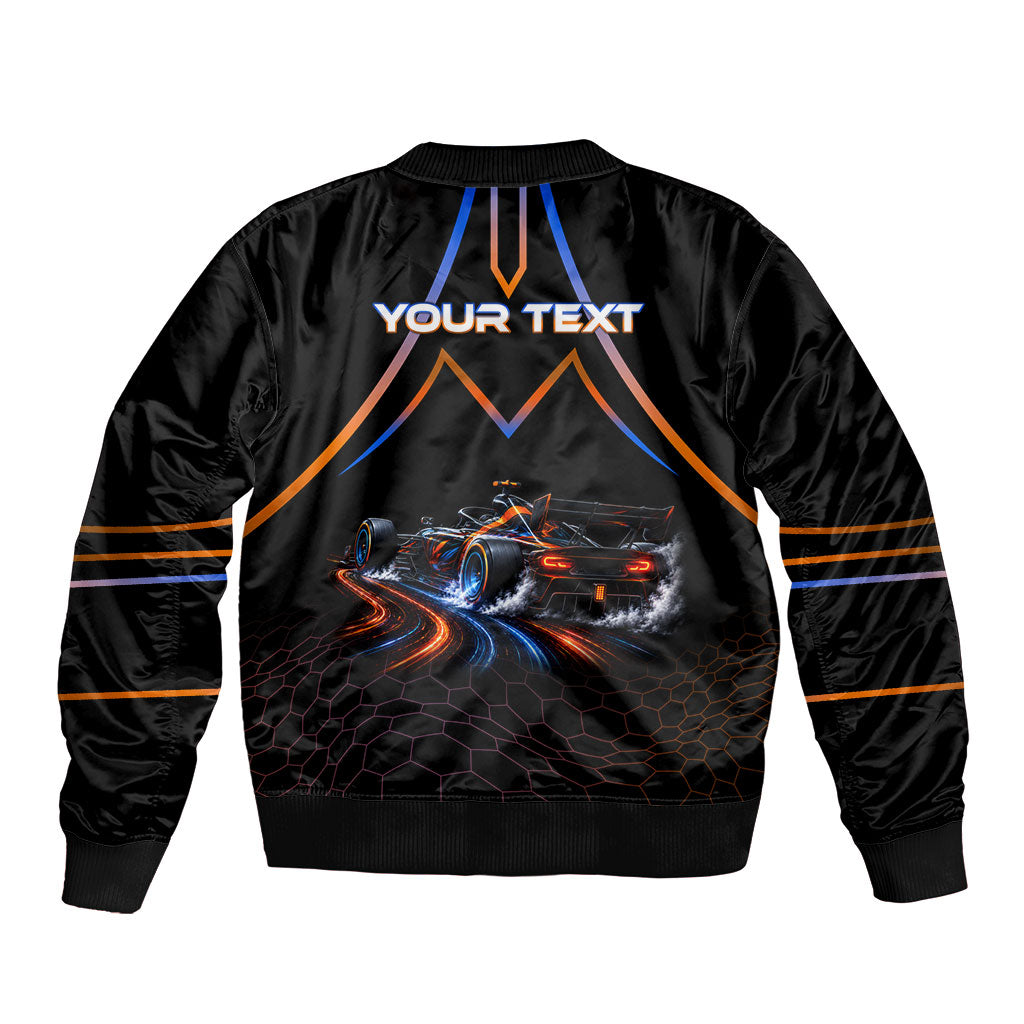 Personalized Night Race Division Motorsport Sleeve Zip Bomber Jacket Futuristic Neon Open Wheel Auto Racing