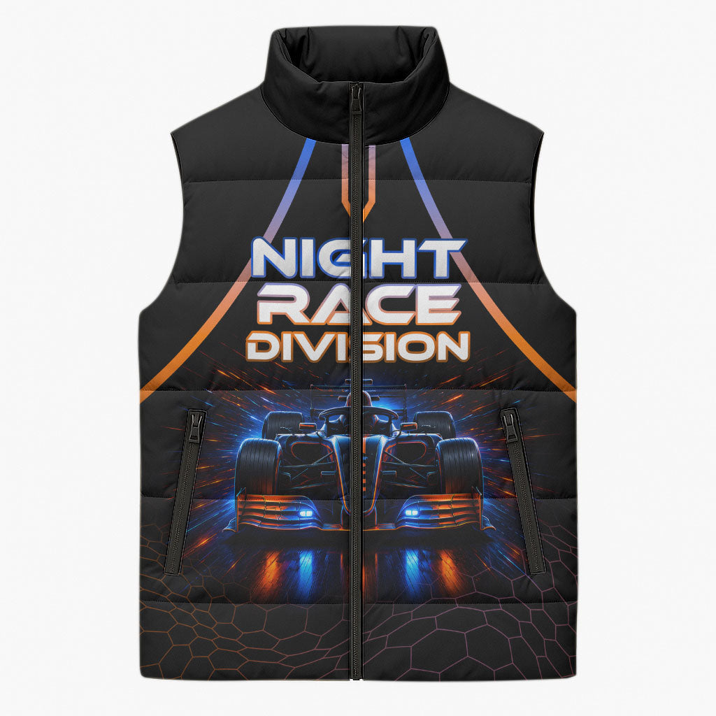 Personalized Night Race Division Motorsport Sleeveless Puffer Jacket Futuristic Neon Open Wheel Auto Racing