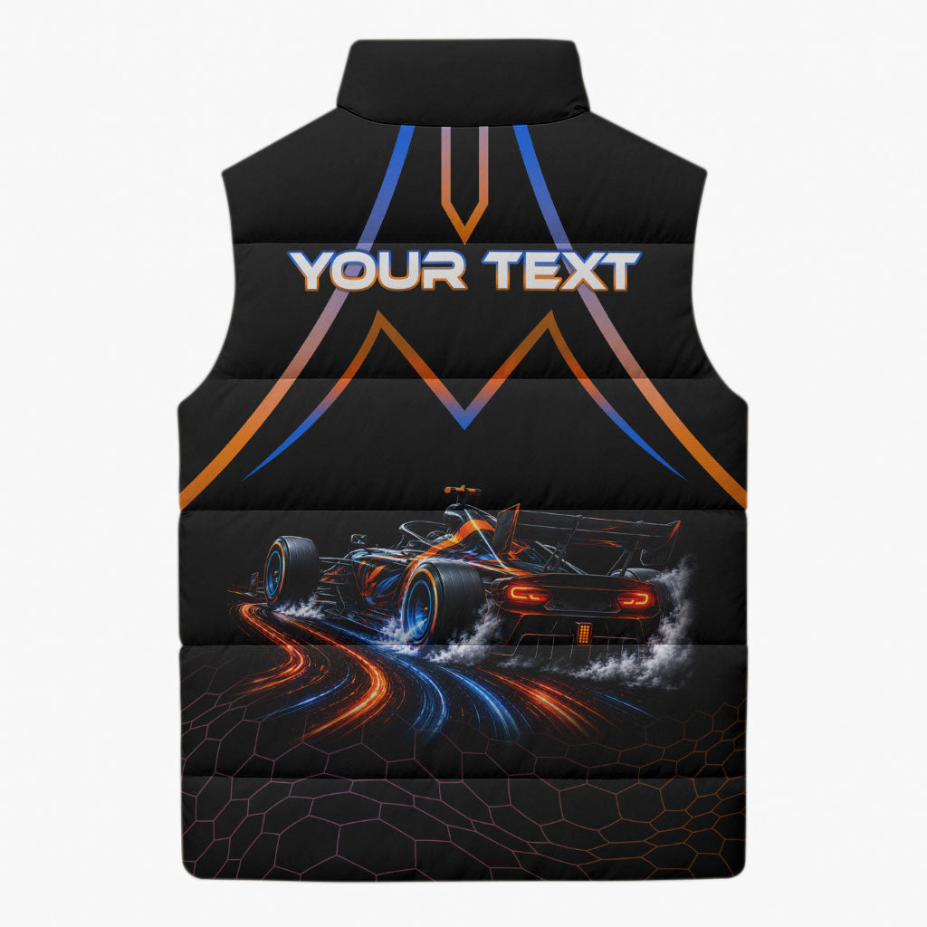 Personalized Night Race Division Motorsport Sleeveless Puffer Jacket Futuristic Neon Open Wheel Auto Racing