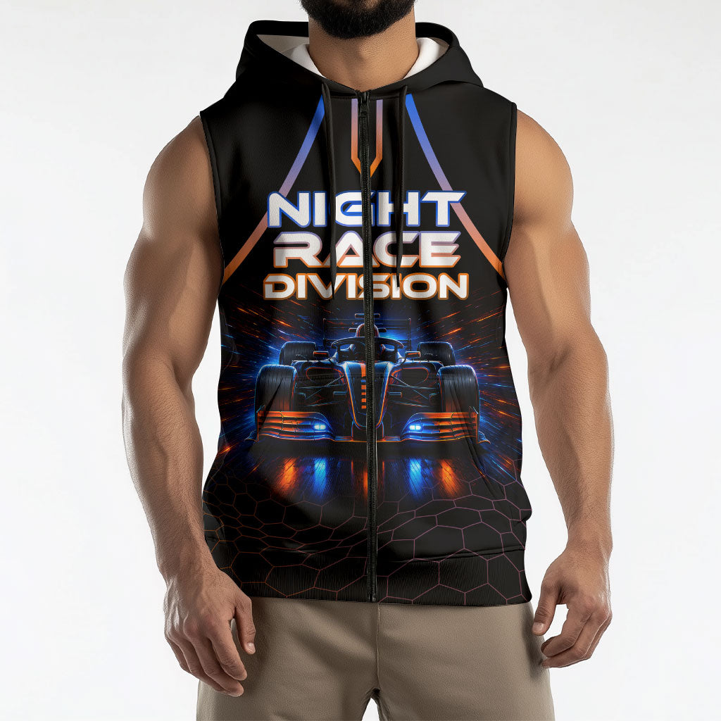 Personalized Night Race Division Motorsport Sleeveless Zip Hoodie Futuristic Neon Open Wheel Auto Racing