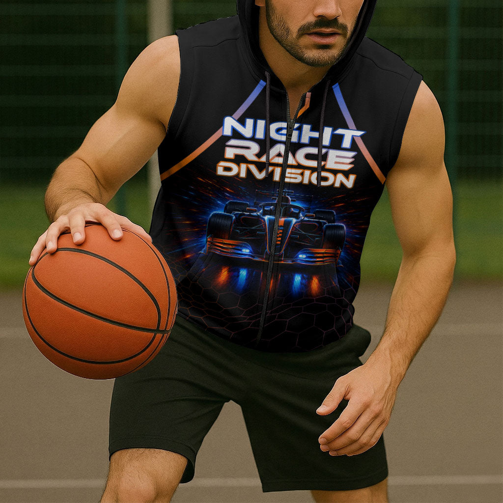 Personalized Night Race Division Motorsport Sleeveless Zip Hoodie Futuristic Neon Open Wheel Auto Racing