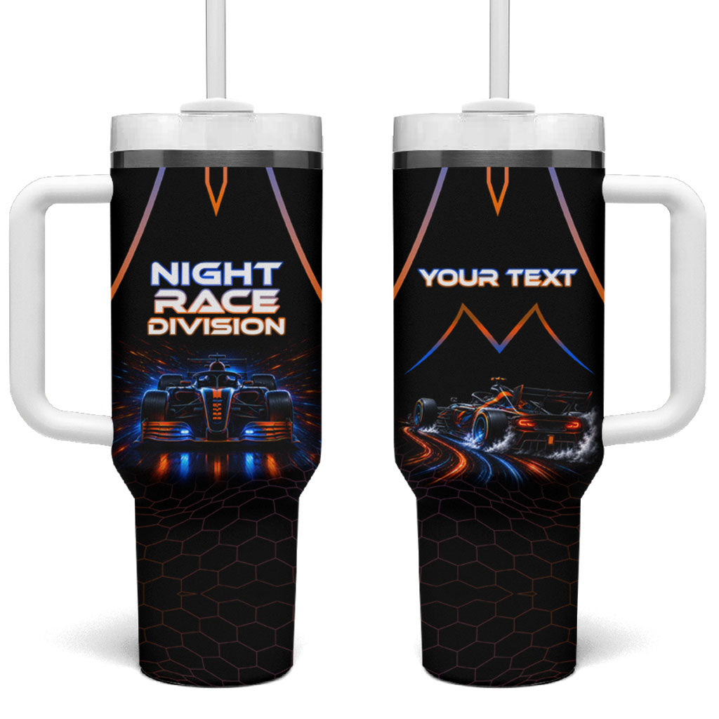 Personalized Night Race Division Motorsport Tumbler With Handle Futuristic Neon Open Wheel Auto Racing