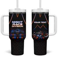Personalized Night Race Division Motorsport Tumbler With Handle Futuristic Neon Open Wheel Auto Racing