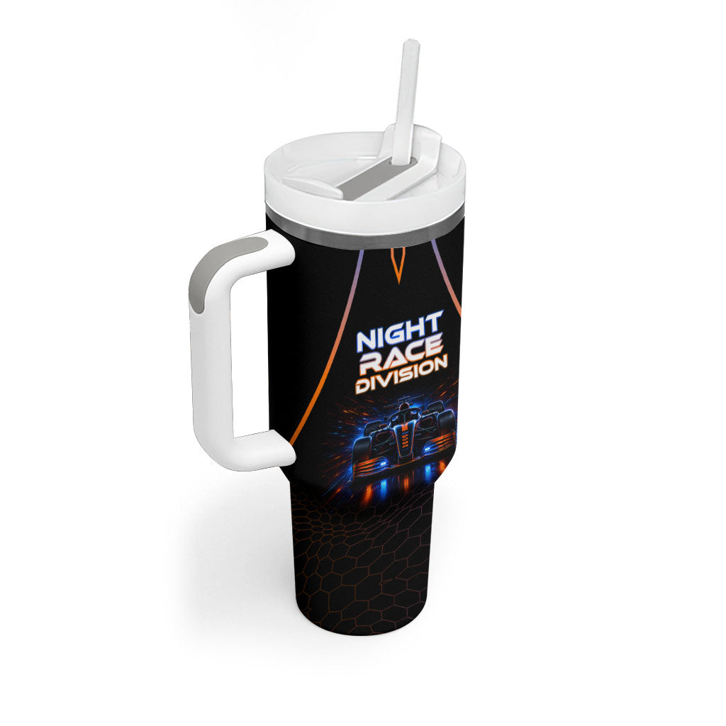 Personalized Night Race Division Motorsport Tumbler With Handle Futuristic Neon Open Wheel Auto Racing