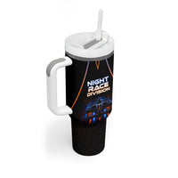 Personalized Night Race Division Motorsport Tumbler With Handle Futuristic Neon Open Wheel Auto Racing