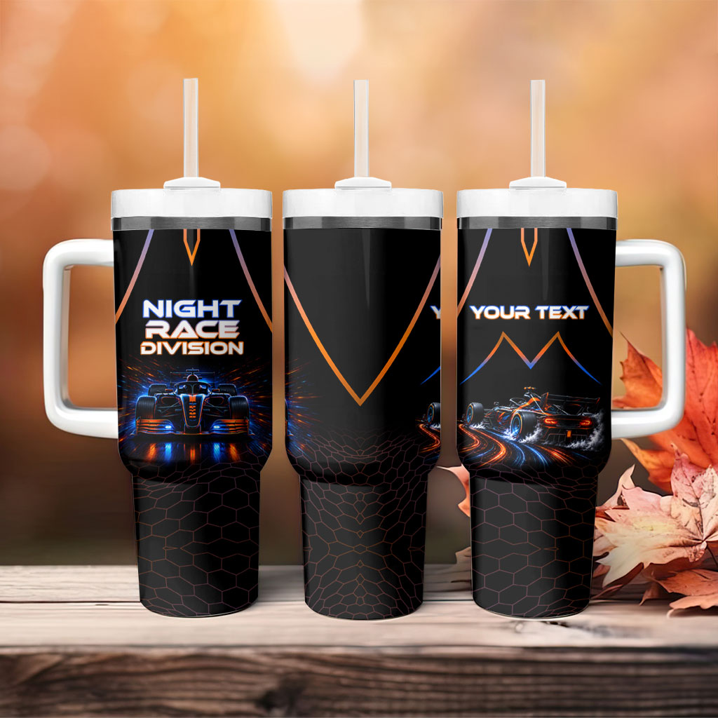 Personalized Night Race Division Motorsport Tumbler With Handle Futuristic Neon Open Wheel Auto Racing