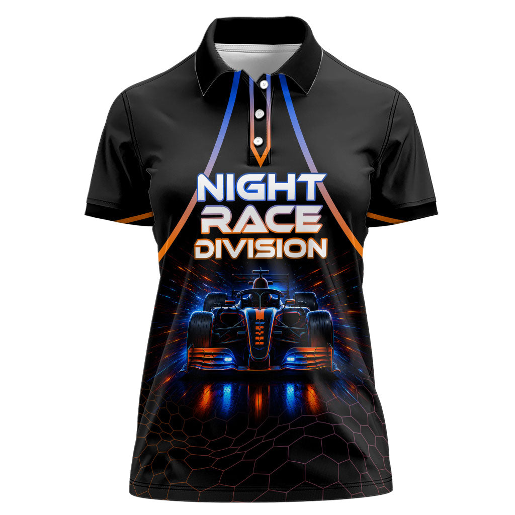Personalized Night Race Division Motorsport Women Polo Shirt Futuristic Neon Open Wheel Auto Racing
