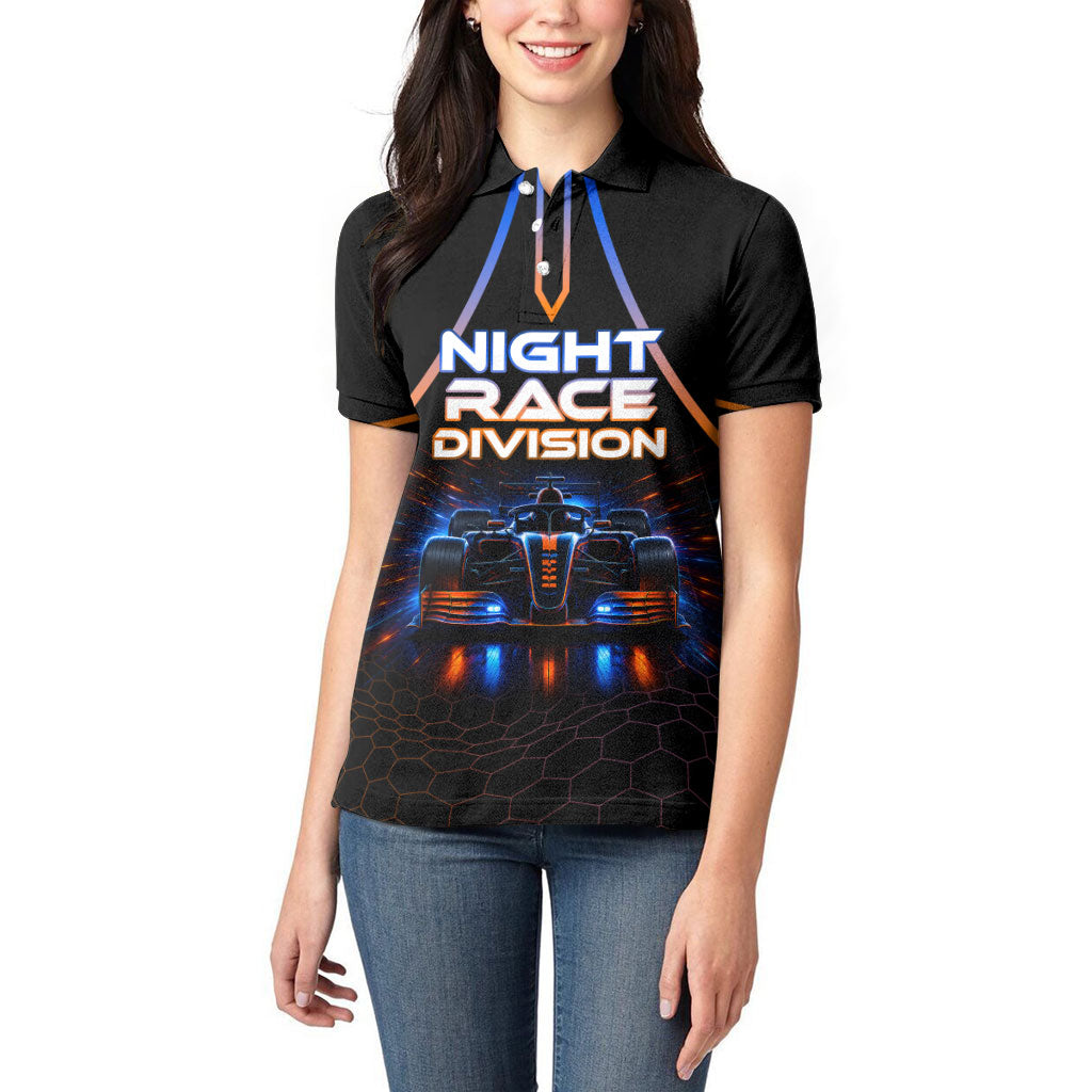 Personalized Night Race Division Motorsport Women Polo Shirt Futuristic Neon Open Wheel Auto Racing