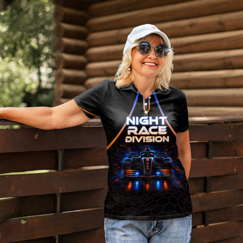 Personalized Night Race Division Motorsport Women Polo Shirt Futuristic Neon Open Wheel Auto Racing