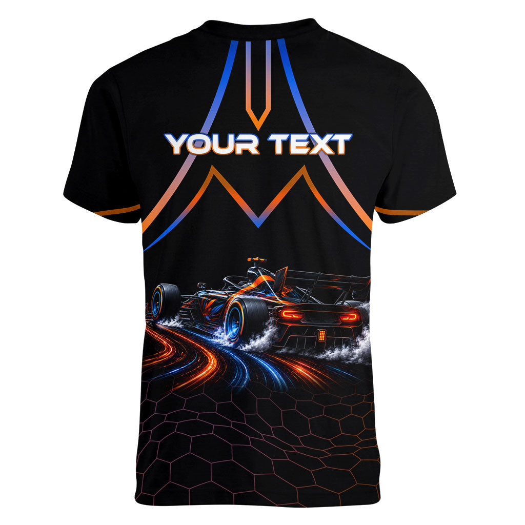 Personalized Night Race Division Motorsport Women V-Neck T-Shirt Futuristic Neon Open Wheel Auto Racing