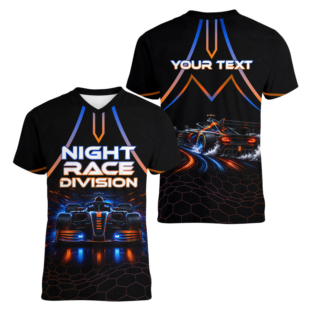 Personalized Night Race Division Motorsport Women V-Neck T-Shirt Futuristic Neon Open Wheel Auto Racing