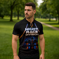 Personalized Night Race Division Motorsport Zipper Polo Shirt Futuristic Neon Open Wheel Auto Racing