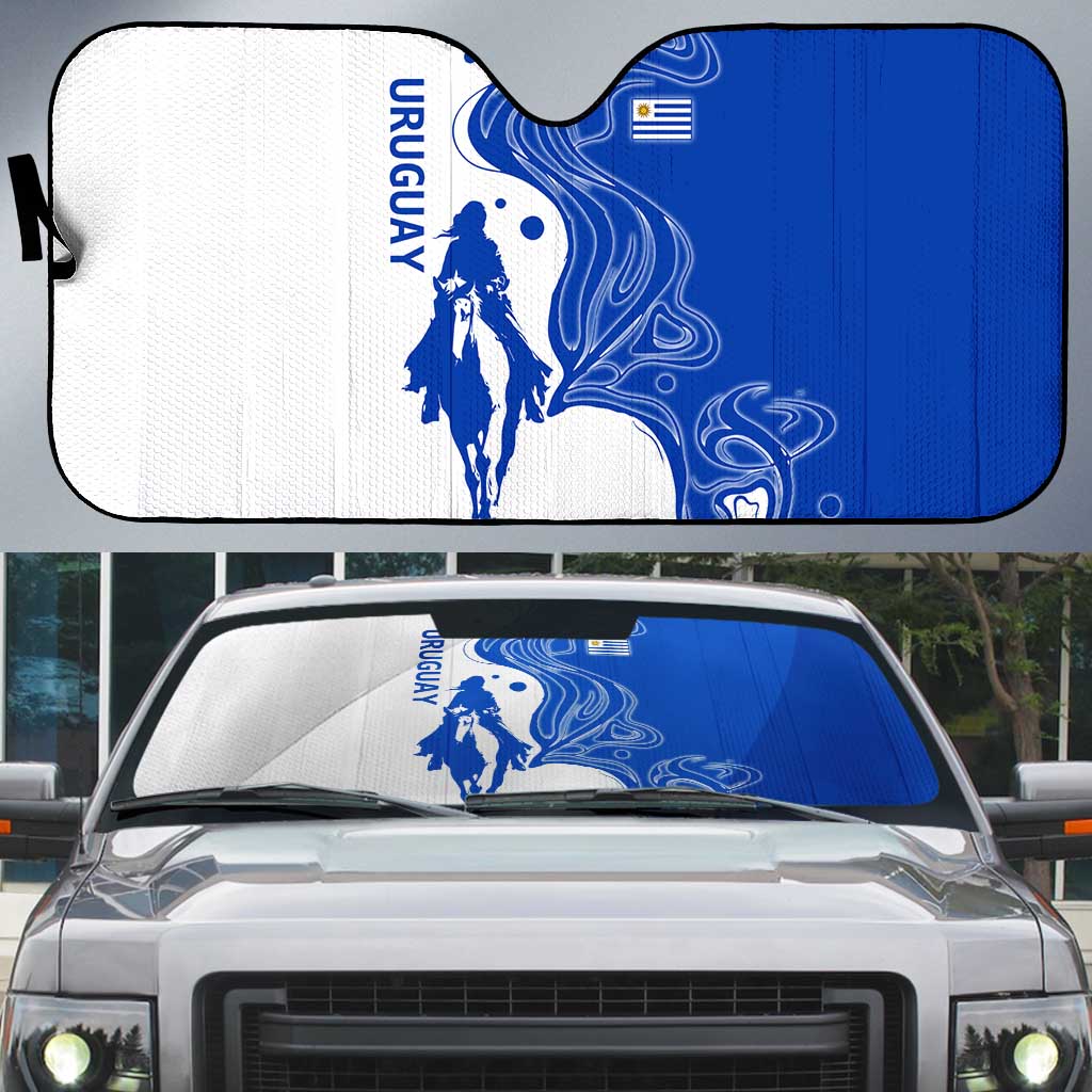 Uruguay Auto Sun Shade with Gaucho Rider Illustration Blue White Swirl - Wonder Print Shop