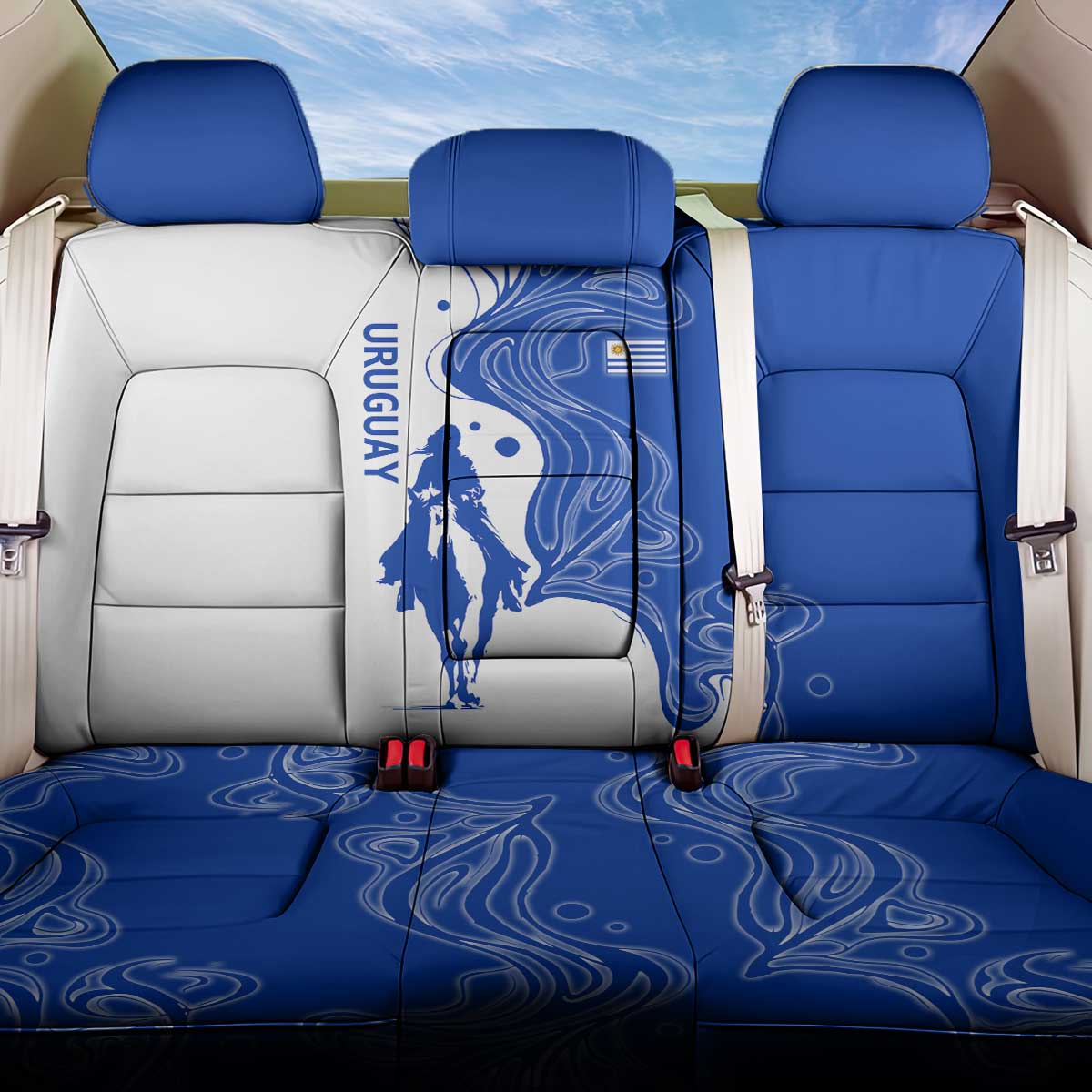Uruguay Back Car Seat Cover with Gaucho Rider Illustration Blue White Swirl - Wonder Print Shop