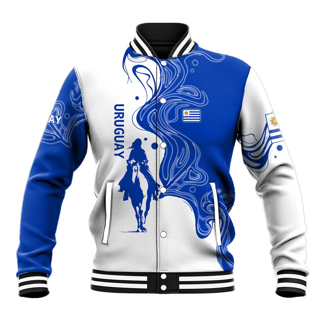 Uruguay Baseball Jacket with Gaucho Rider Illustration Blue White Swirl - Wonder Print Shop