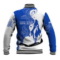 Uruguay Baseball Jacket with Gaucho Rider Illustration Blue White Swirl - Wonder Print Shop