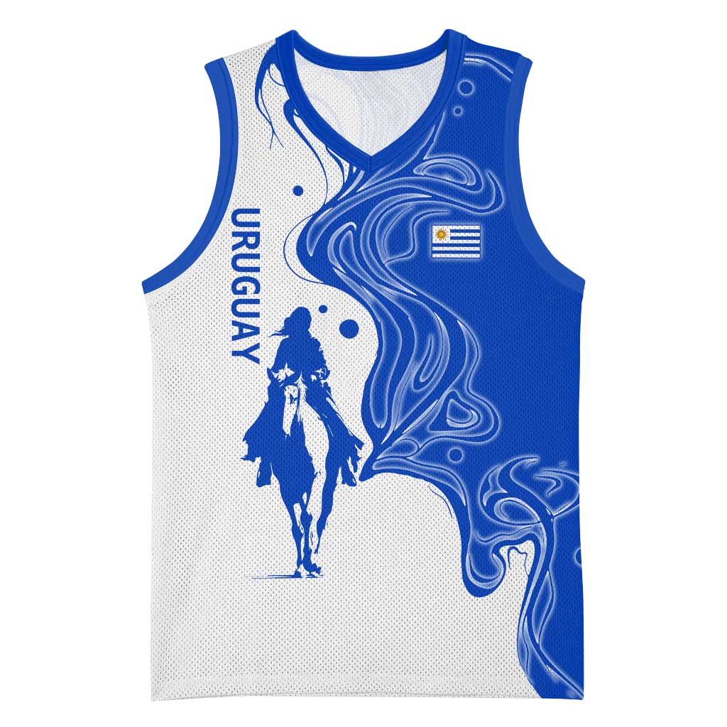 Uruguay Basketball Jersey with Gaucho Rider Illustration Blue White Swirl - Wonder Print Shop