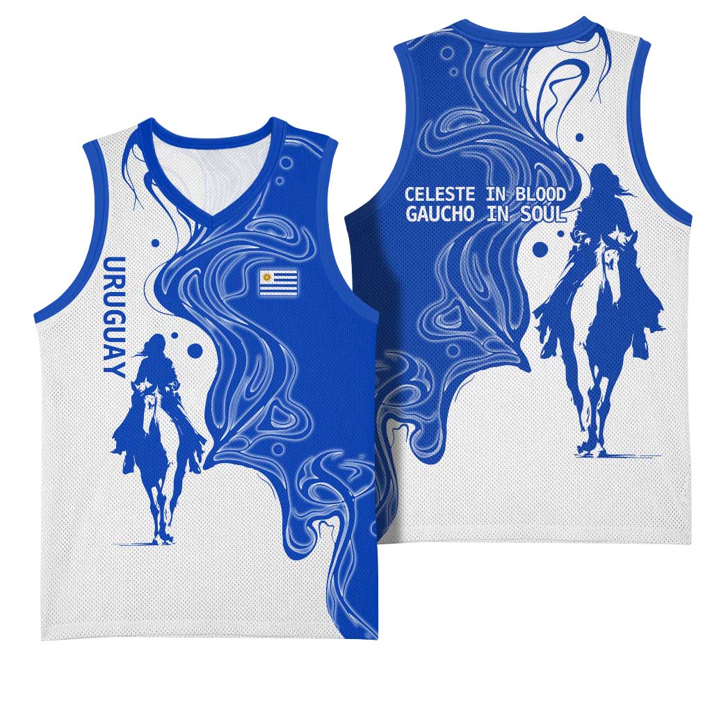 Uruguay Basketball Jersey with Gaucho Rider Illustration Blue White Swirl - Wonder Print Shop
