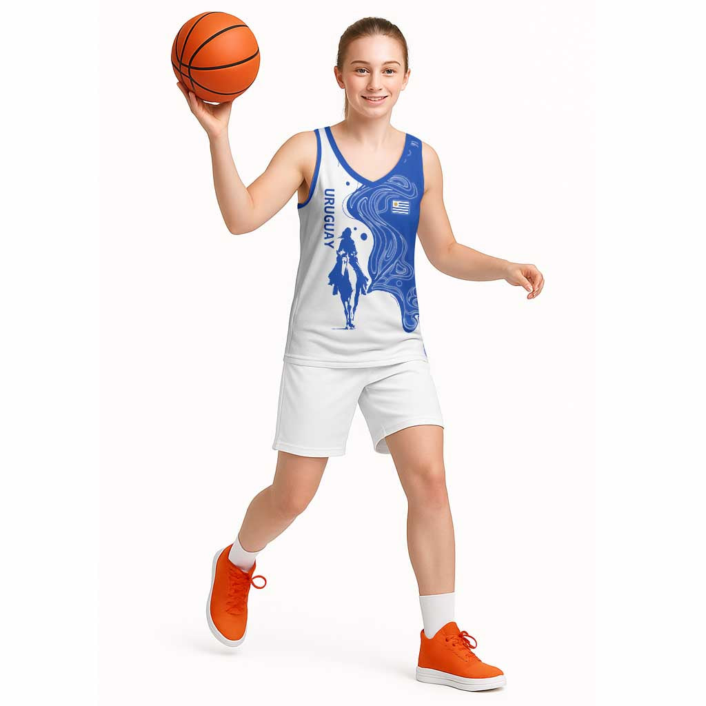 Uruguay Basketball Jersey with Gaucho Rider Illustration Blue White Swirl - Wonder Print Shop