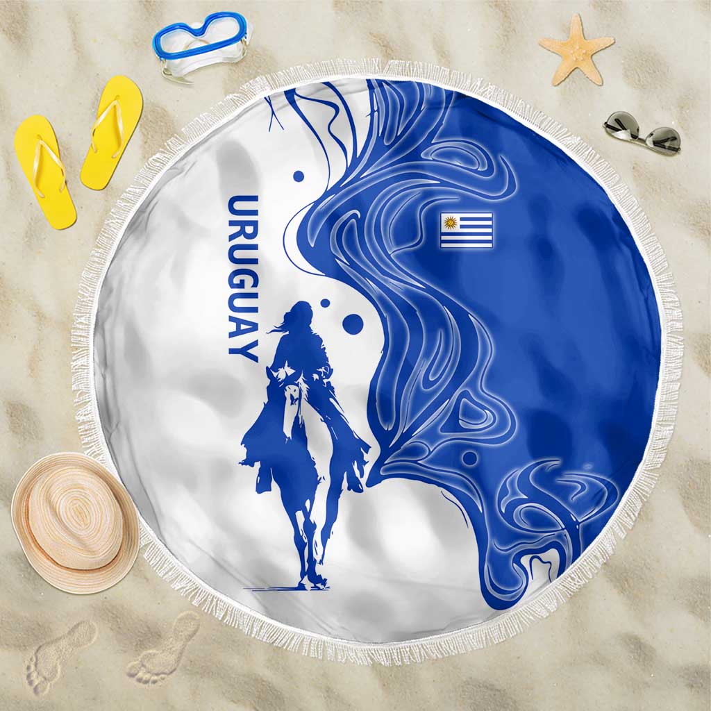 Uruguay Beach Blanket with Gaucho Rider Illustration Blue White Swirl - Wonder Print Shop