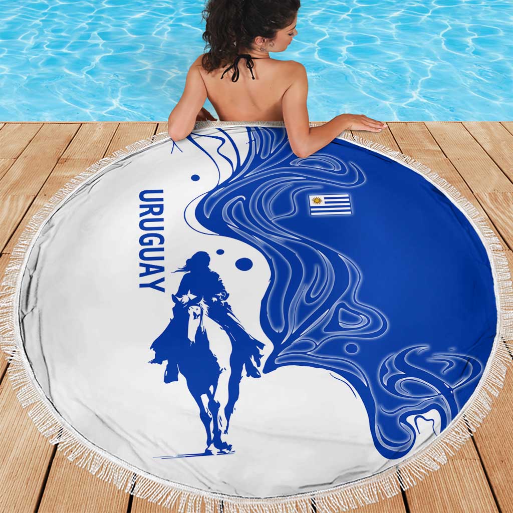 Uruguay Beach Blanket with Gaucho Rider Illustration Blue White Swirl - Wonder Print Shop
