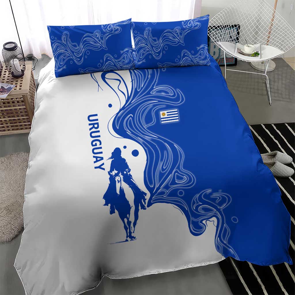 Uruguay Bedding Set with Gaucho Rider Illustration Blue White Swirl - Wonder Print Shop