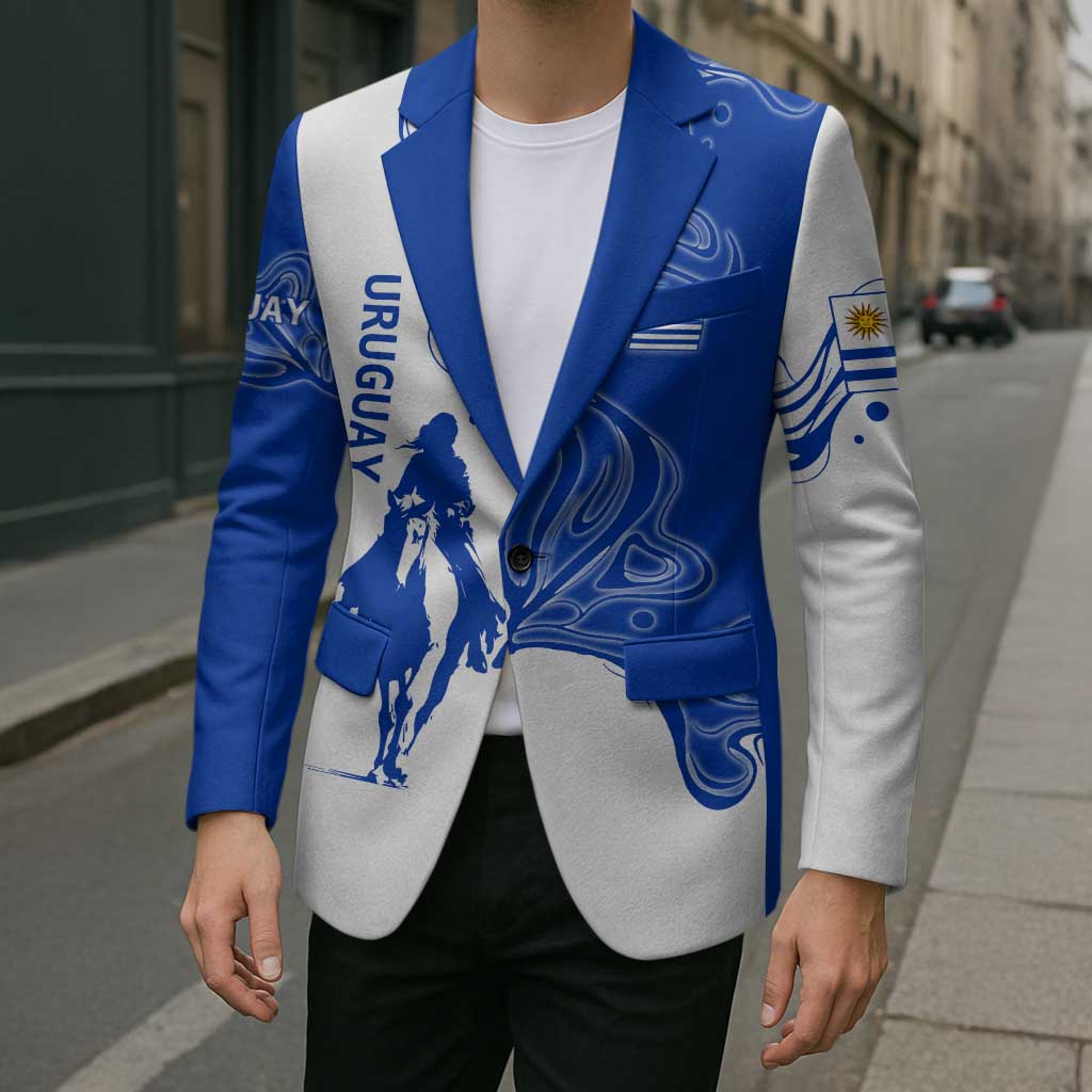 Uruguay Blazer with Gaucho Rider Illustration Blue White Swirl - Wonder Print Shop