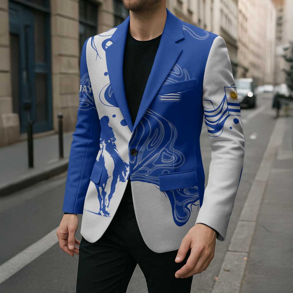Uruguay Blazer with Gaucho Rider Illustration Blue White Swirl - Wonder Print Shop