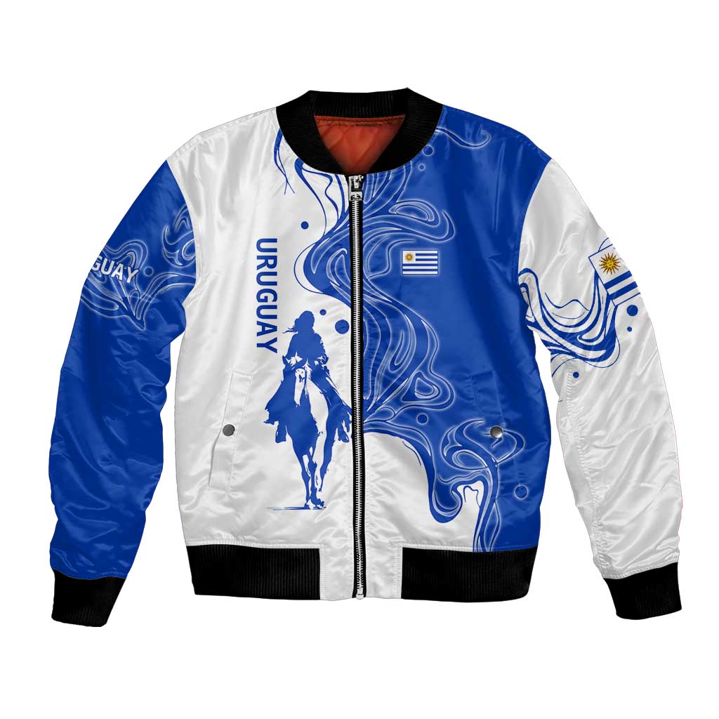 Uruguay Bomber Jacket with Gaucho Rider Illustration Blue White Swirl - Wonder Print Shop