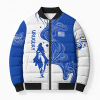 Uruguay Bomber Puffer Jacket with Gaucho Rider Illustration Blue White Swirl - Wonder Print Shop