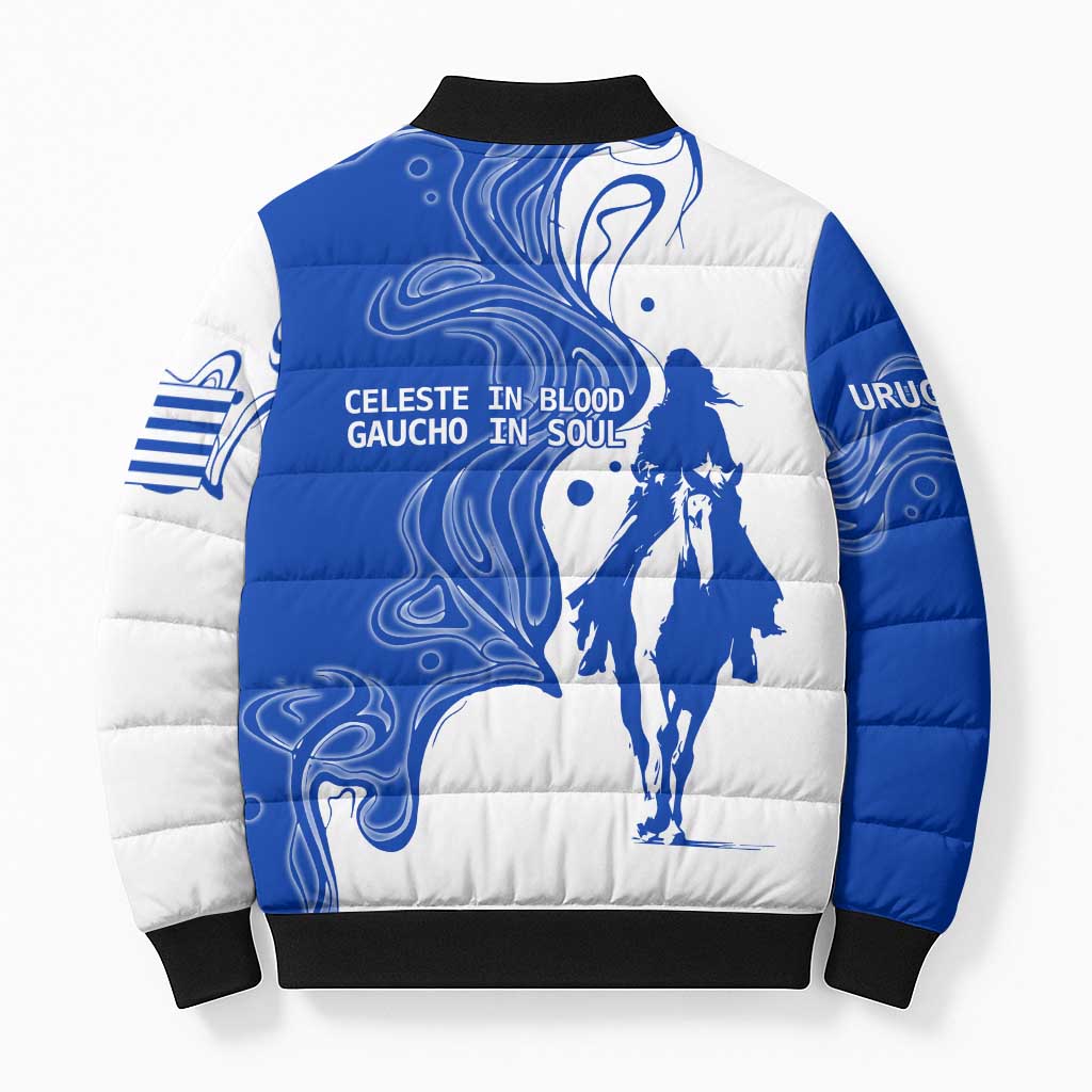 Uruguay Bomber Puffer Jacket with Gaucho Rider Illustration Blue White Swirl - Wonder Print Shop