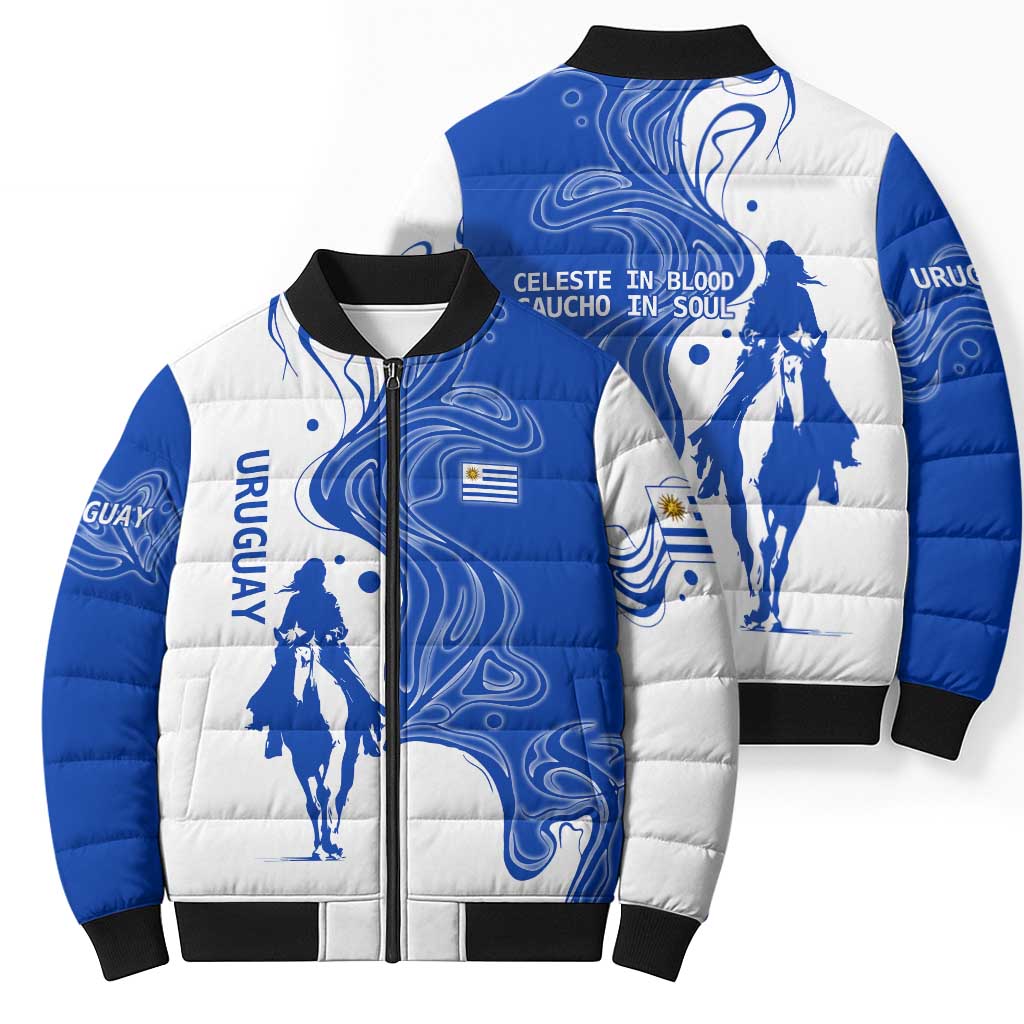 Uruguay Bomber Puffer Jacket with Gaucho Rider Illustration Blue White Swirl - Wonder Print Shop