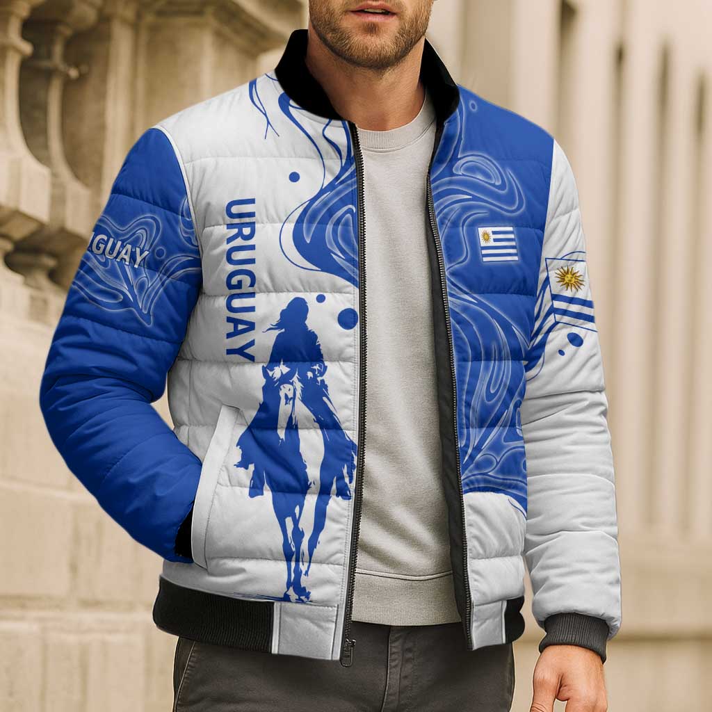 Uruguay Bomber Puffer Jacket with Gaucho Rider Illustration Blue White Swirl - Wonder Print Shop