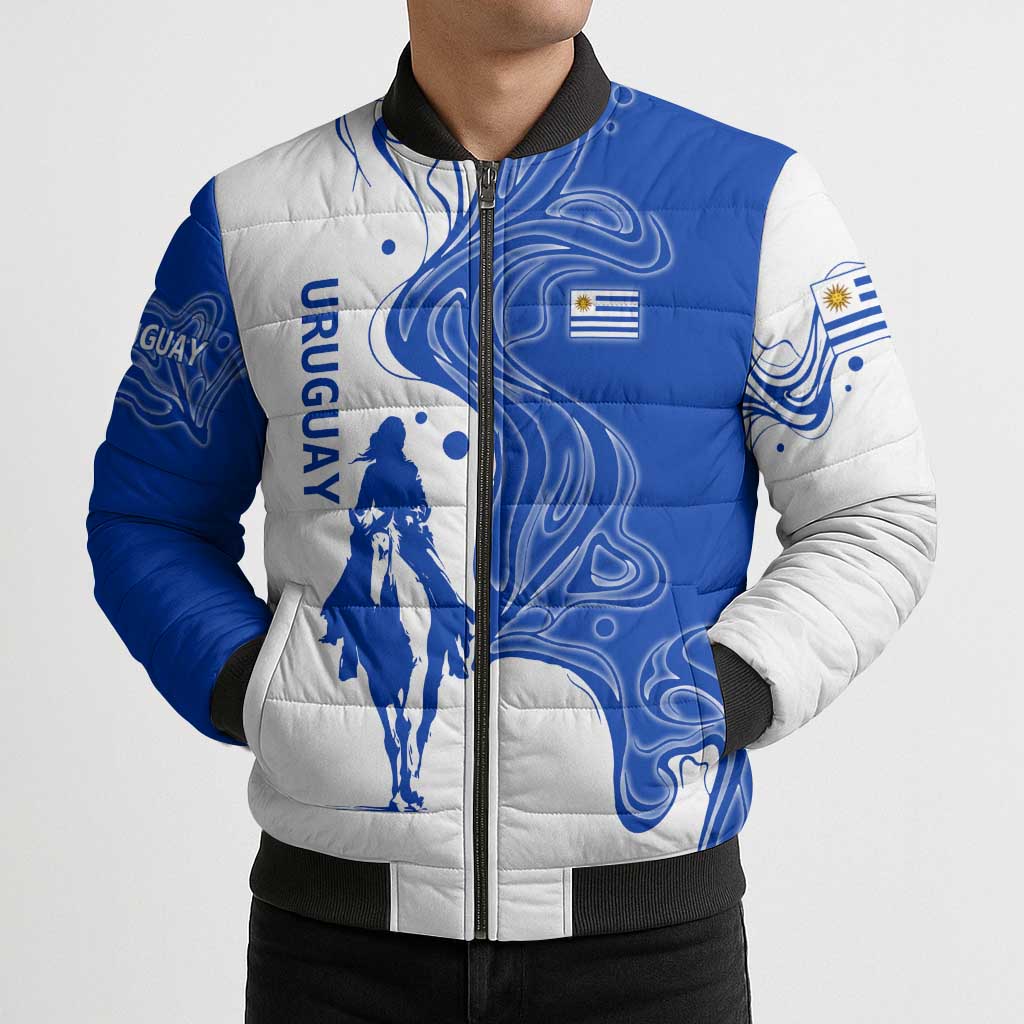 Uruguay Bomber Puffer Jacket with Gaucho Rider Illustration Blue White Swirl - Wonder Print Shop