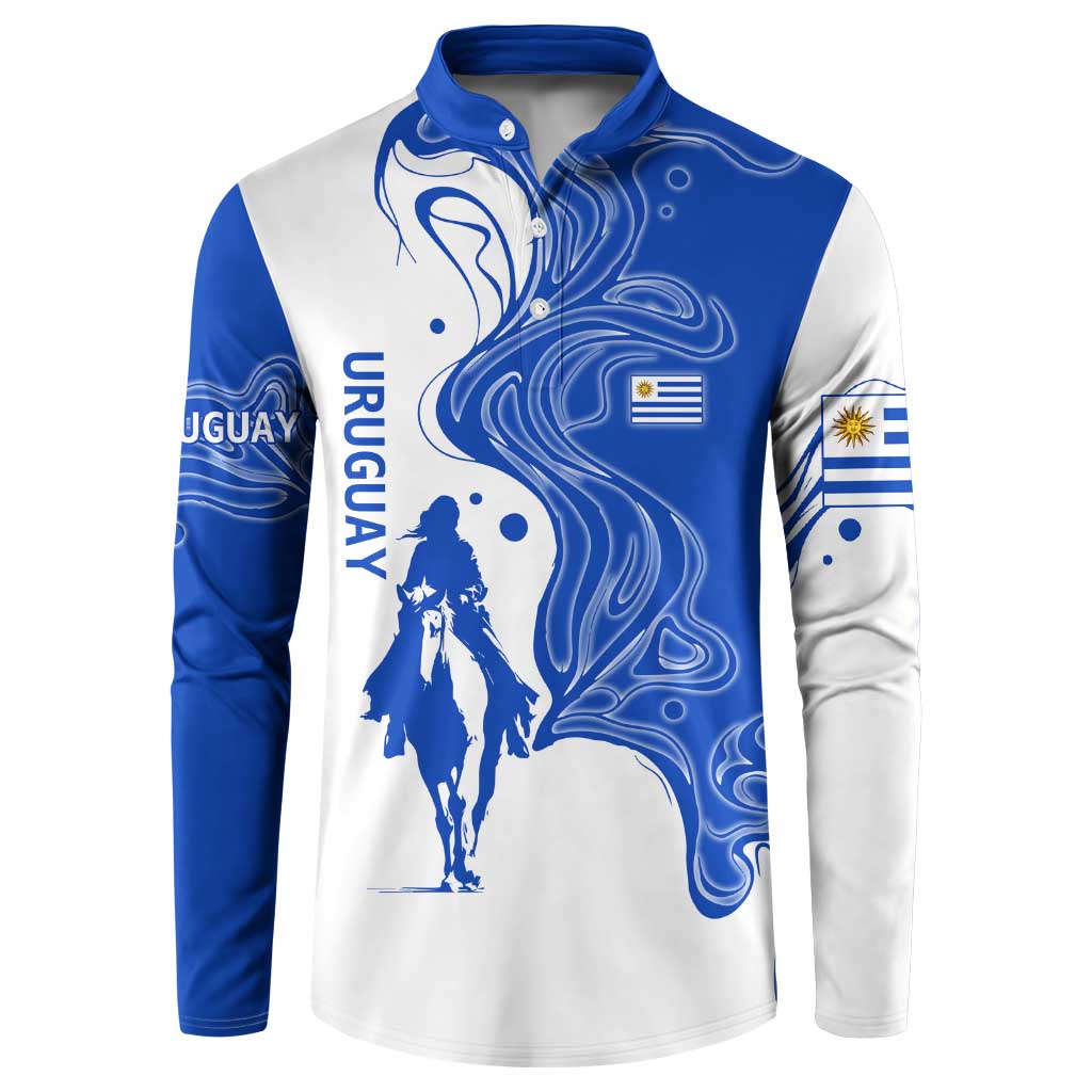 Uruguay Button Sweatshirt with Gaucho Rider Illustration Blue White Swirl - Wonder Print Shop