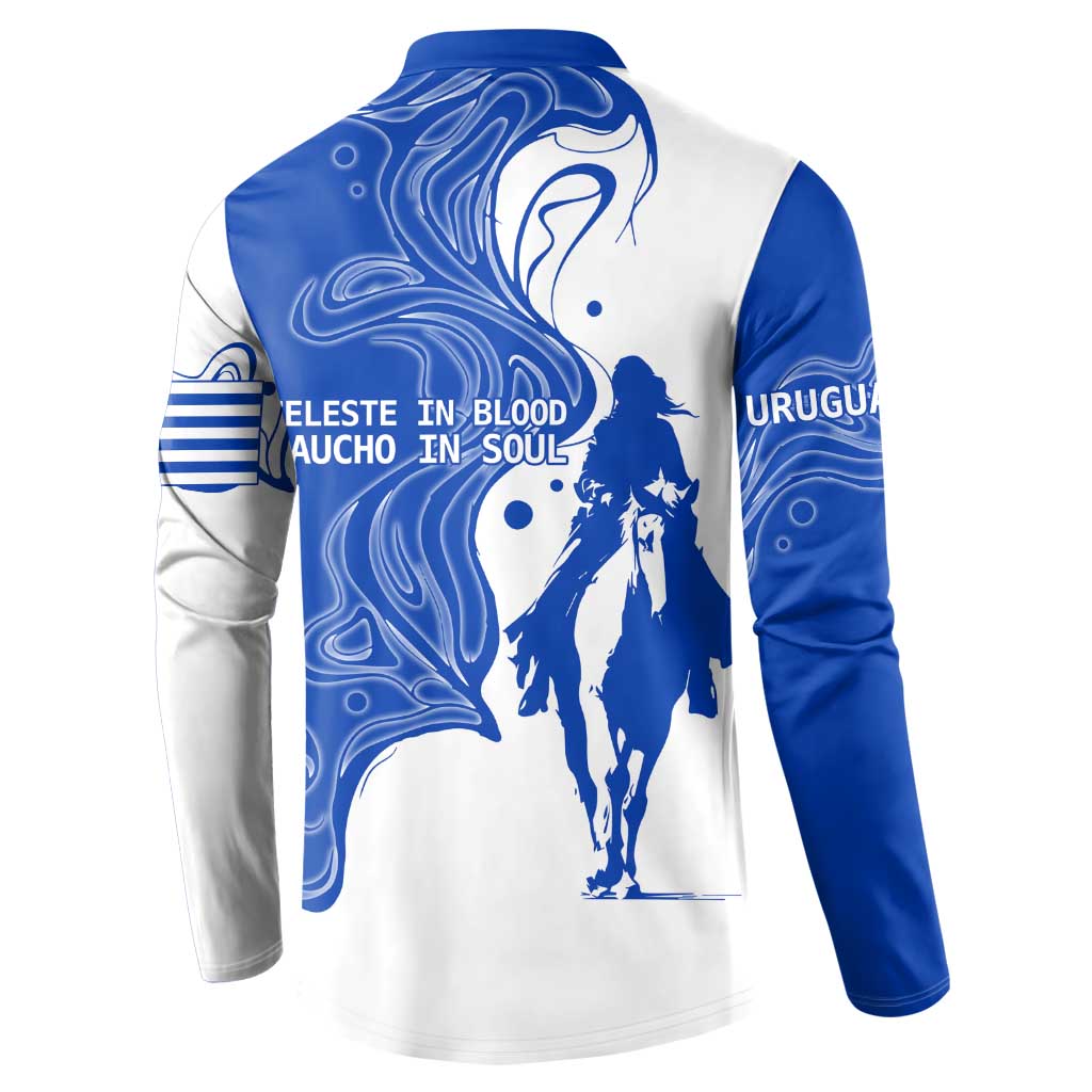 Uruguay Button Sweatshirt with Gaucho Rider Illustration Blue White Swirl - Wonder Print Shop