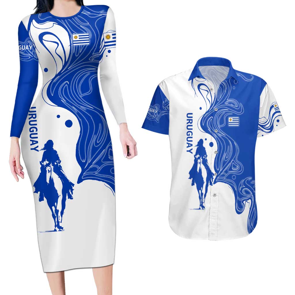 Uruguay Couples Matching Long Sleeve Bodycon Dress and Hawaiian Shirt with Gaucho Rider Illustration Blue White Swirl - Wonder Print Shop