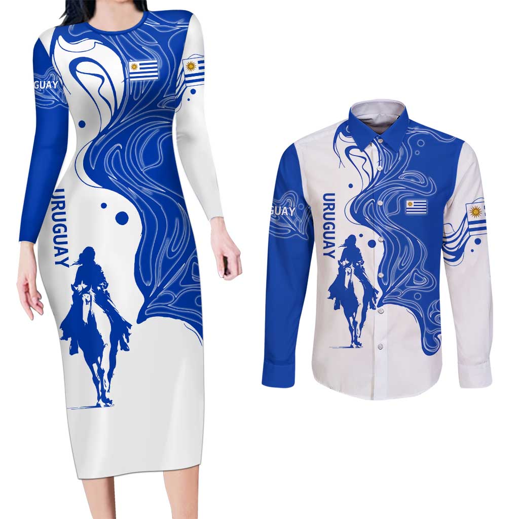 Uruguay Couples Matching Long Sleeve Bodycon Dress and Long Sleeve Button Shirt with Gaucho Rider Illustration Blue White Swirl - Wonder Print Shop