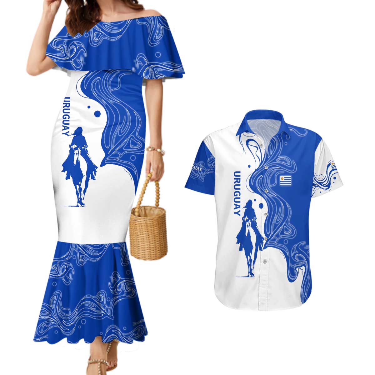 Uruguay Couples Matching Mermaid Dress and Hawaiian Shirt with Gaucho Rider Illustration Blue White Swirl - Wonder Print Shop