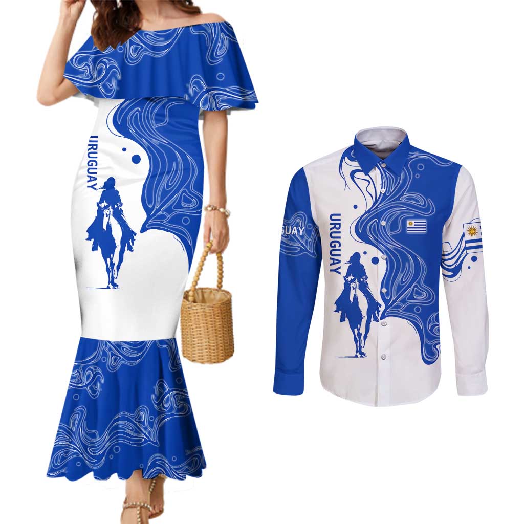 Uruguay Couples Matching Mermaid Dress and Long Sleeve Button Shirt with Gaucho Rider Illustration Blue White Swirl - Wonder Print Shop